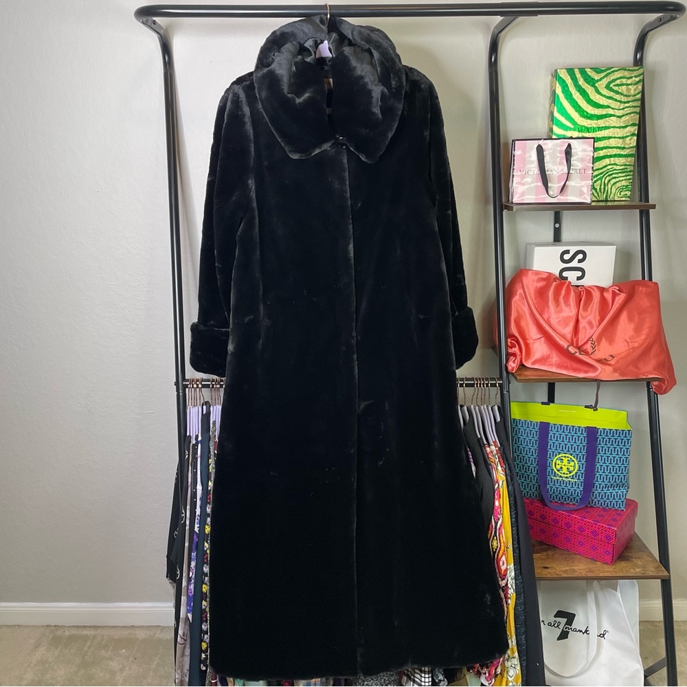 Vintage Midnight Velvet Black Faux Fur Hooded Opera Long Coat